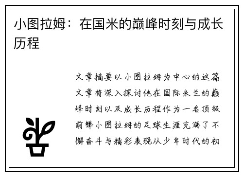 小图拉姆：在国米的巅峰时刻与成长历程